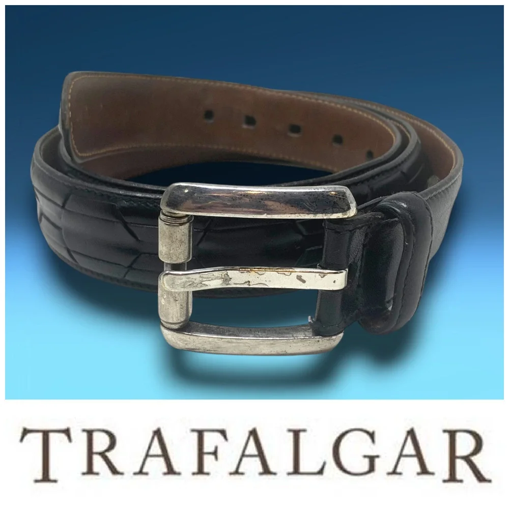 Vintage Trafalgar Sz 36 Black Calf Leather Textured Dress Belt Silver Buckle USA